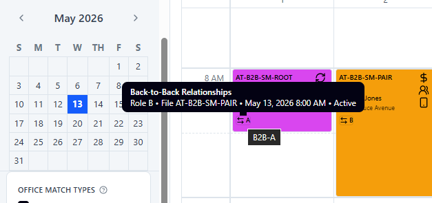 B2B icon tooltip displayed on a calendar event in ClosingTrak