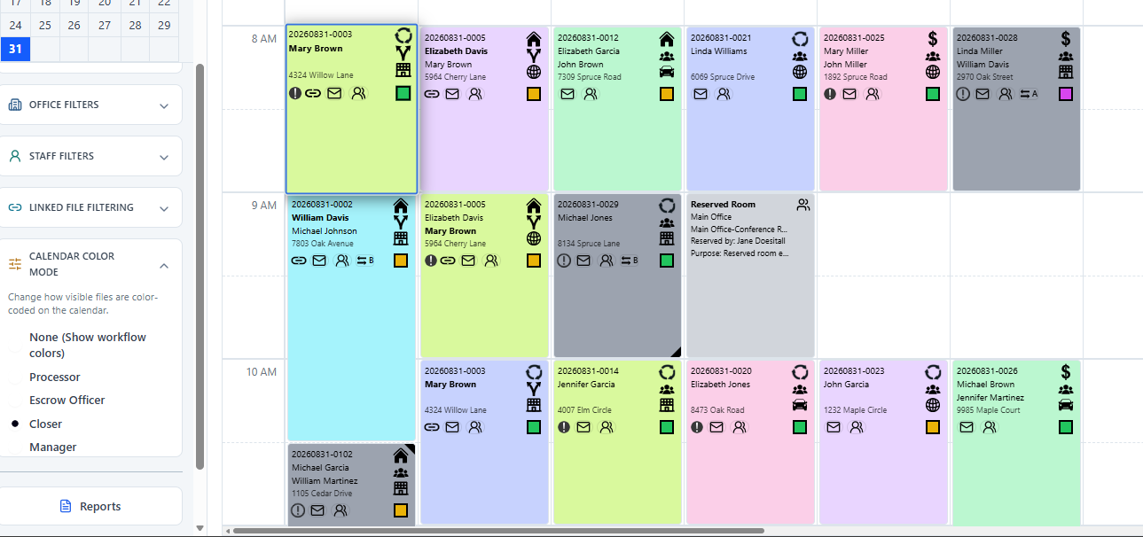 Calendar Color Mode set to Closer in ClosingTrak™
