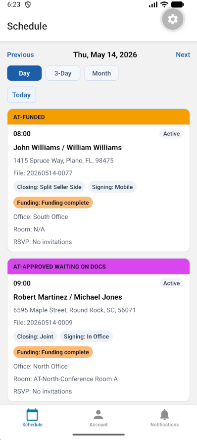 ClosingTrak™ mobile daily schedule for closers