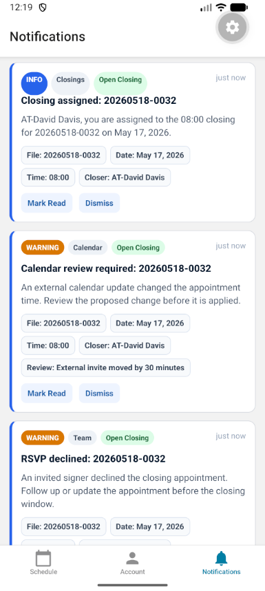 ClosingTrak™ mobile notifications screen
