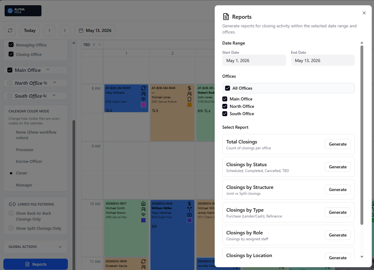 Reports dialog in ClosingTrak showing available report options