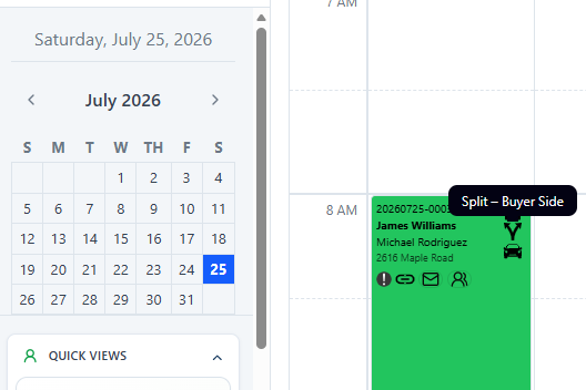 Split closing icon tooltip displayed on a calendar event in ClosingTrak™