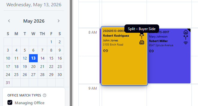 Split closing icon tooltip displayed on a calendar event in ClosingTrak
