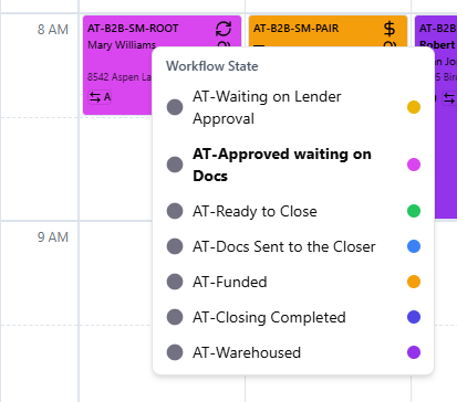 Workflow state selector popup showing color-coded event states in ClosingTrak