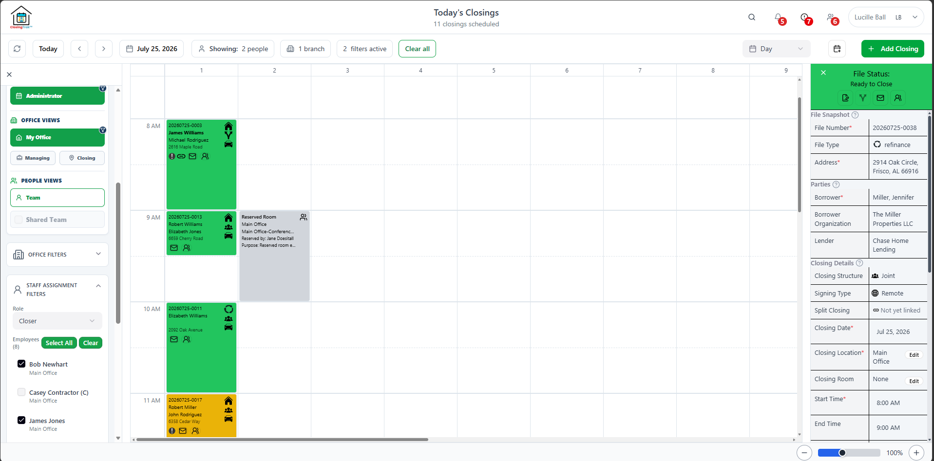 ClosingTrak™ dashboard filters for refining active closings