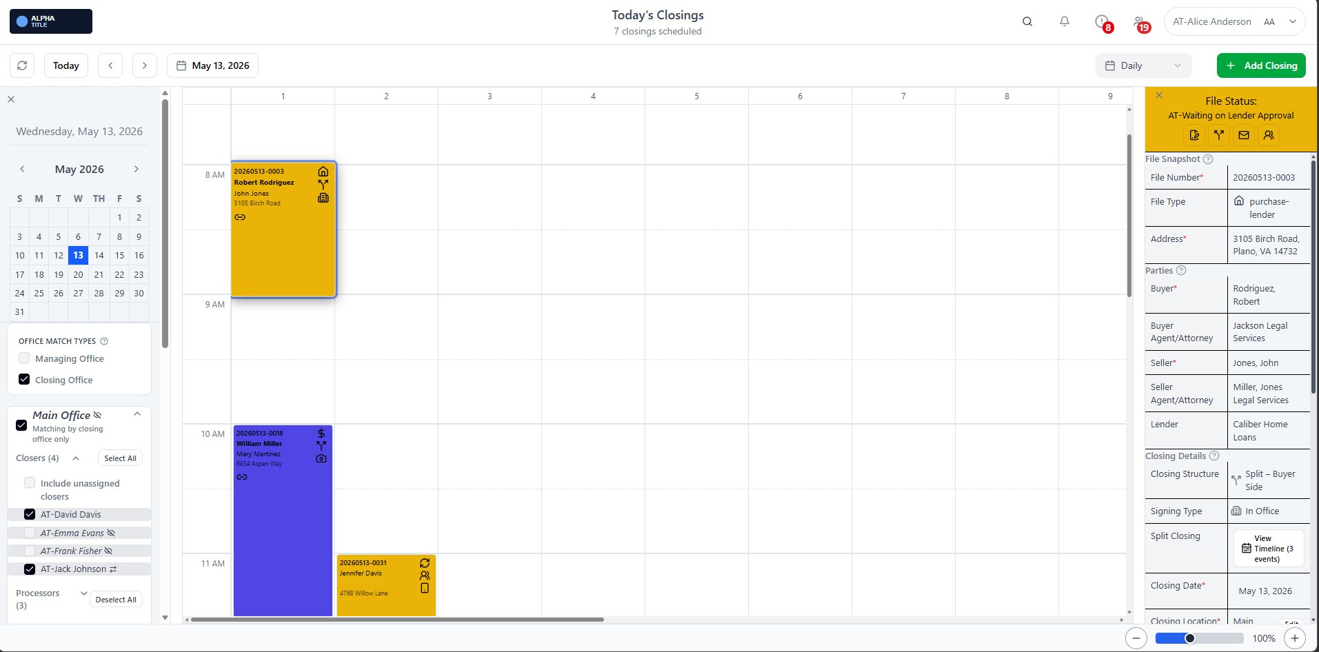 ClosingTrak dashboard filters for refining active closings