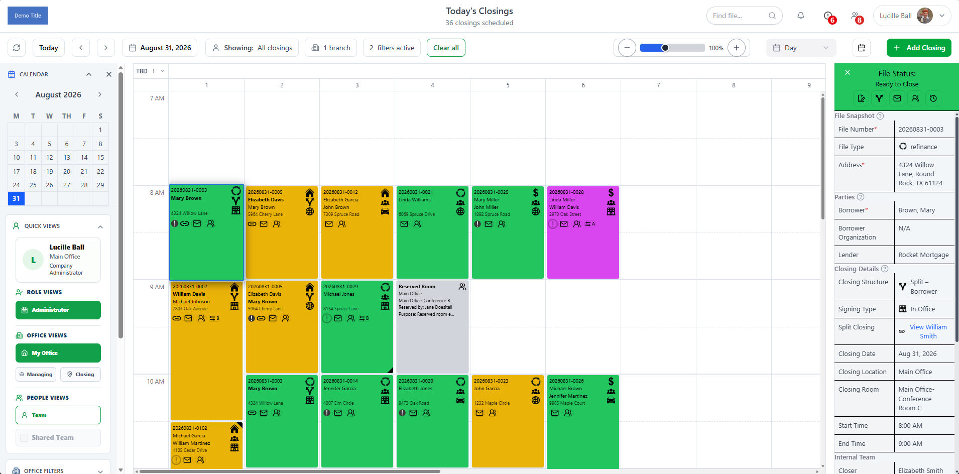 ClosingTrak™ dashboard overview with active closings and scheduling visibility