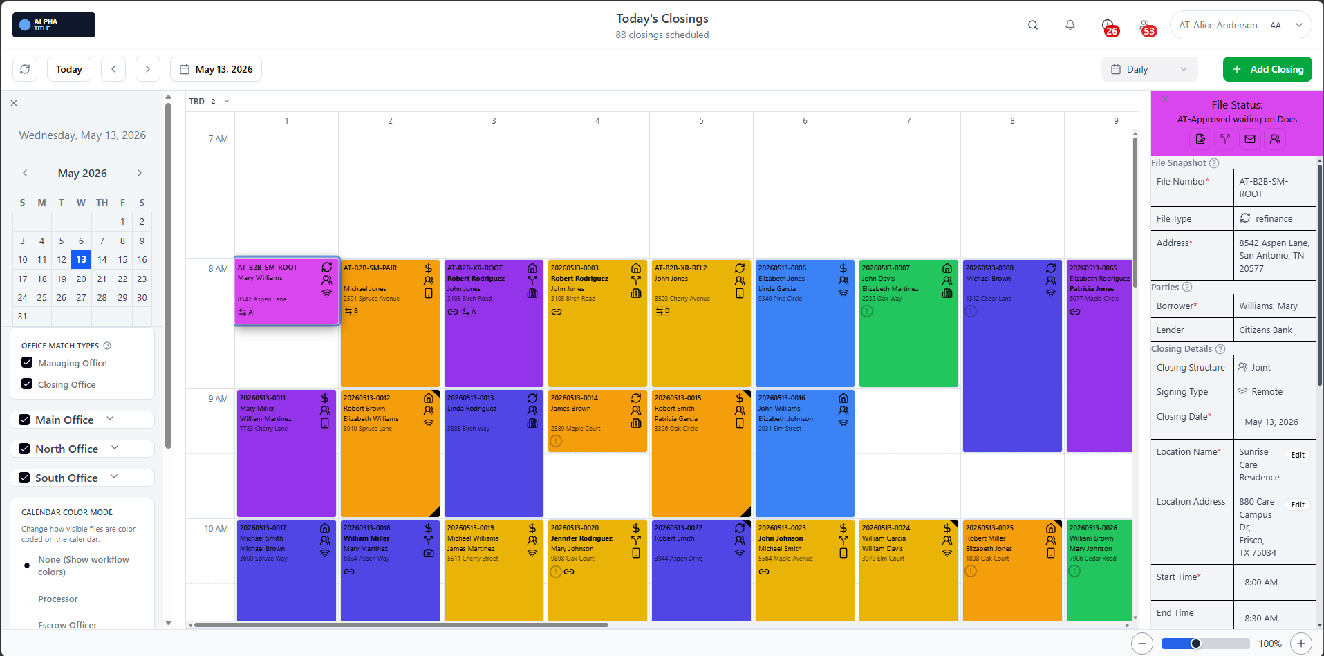ClosingTrak dashboard overview with active closings and scheduling visibility