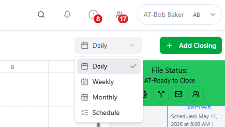 View switcher in ClosingTrak™ for changing calendar display modes